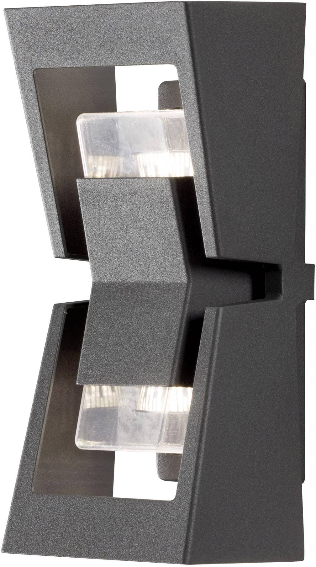 Black modern outdoor wall light with two light sources that radiate upwards and downwards. Minimalist design, suitable for walls.