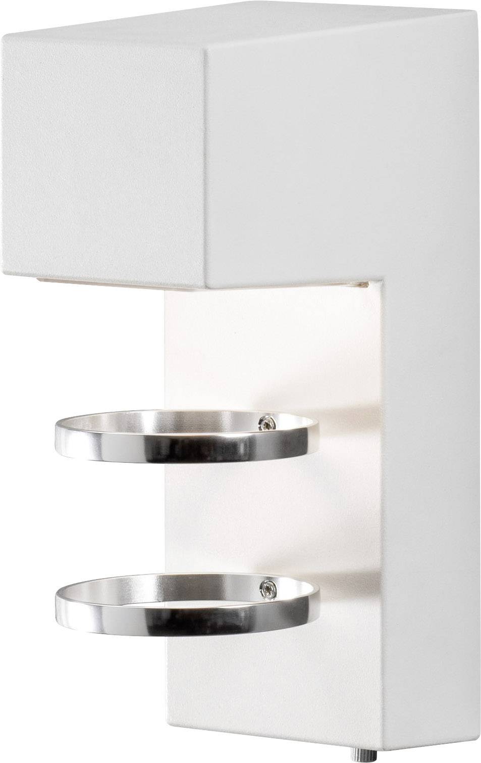 White metal wall lamp with a rectangular housing and two cylindrical mounting brackets, designed for minimalist room illumination.