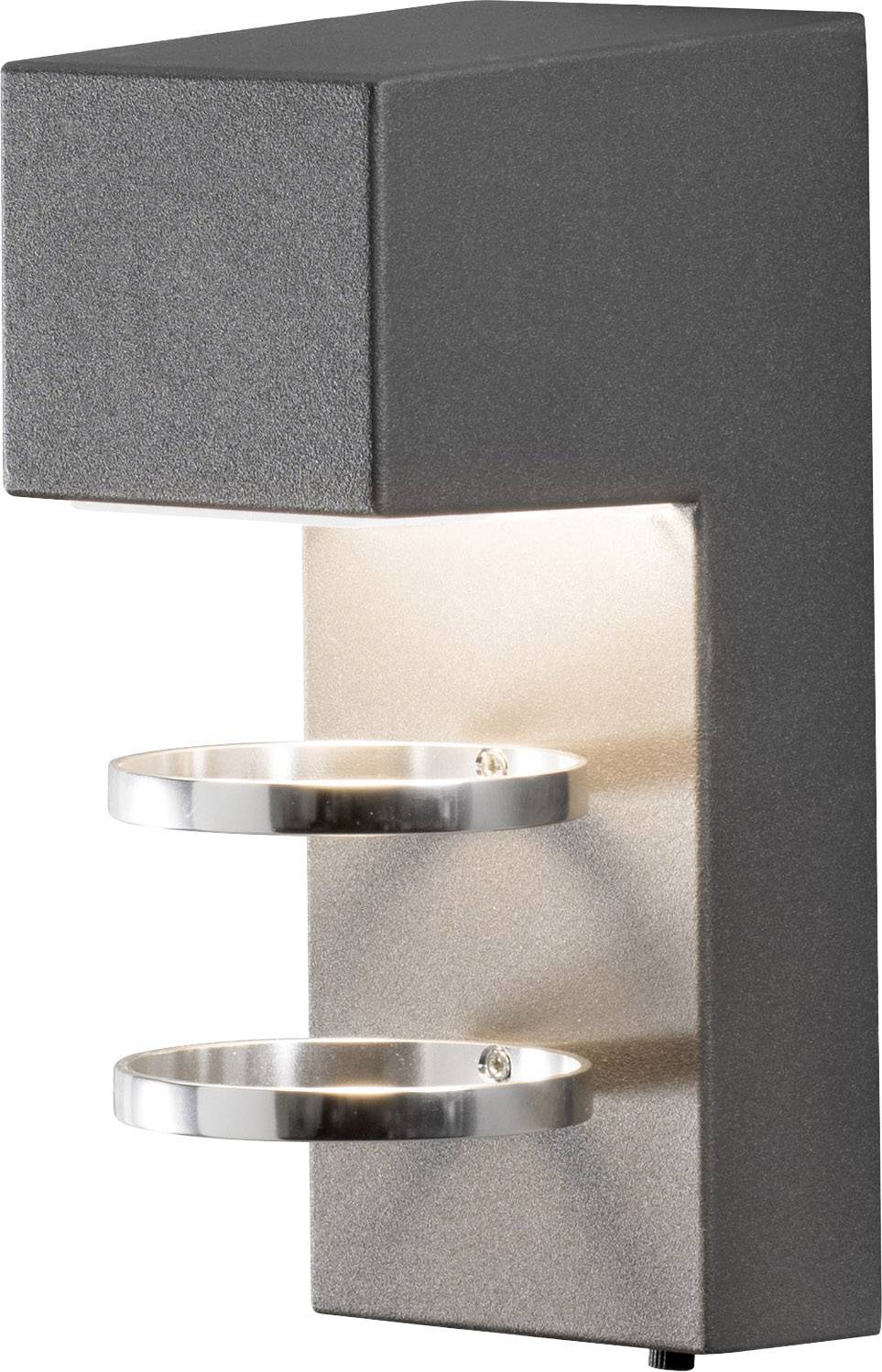 Outdoor wall light in a modern design, black, rectangular, with two silver rings and downward-facing illumination.