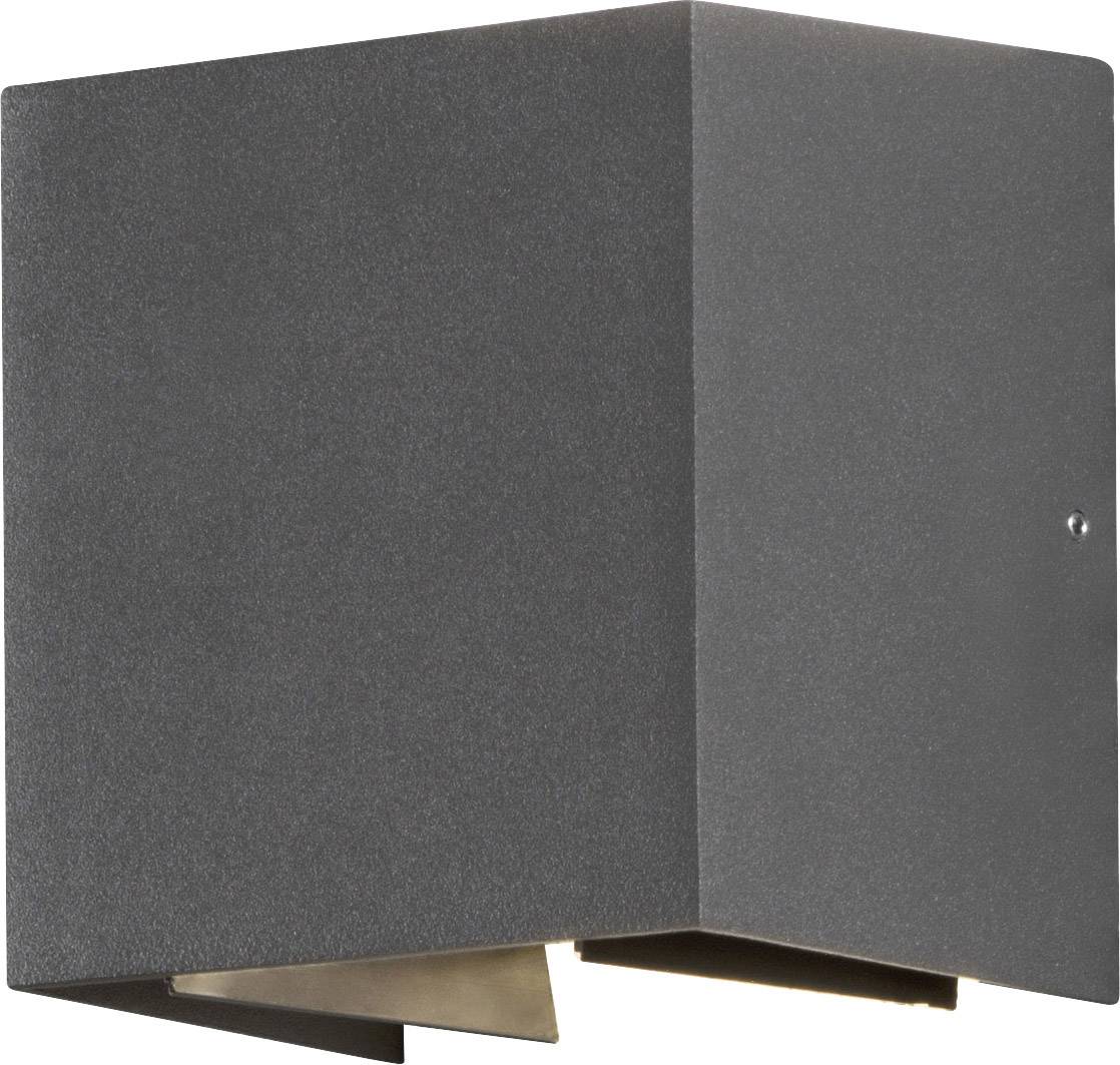 A black, square wall light with a minimalist design and upward and downward light emission.