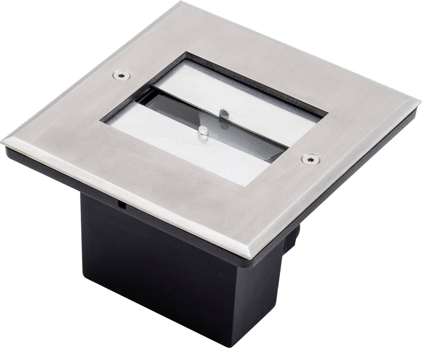 Rectangular recessed floor light made of metal with a square frame and angled, transparent window; modern design.