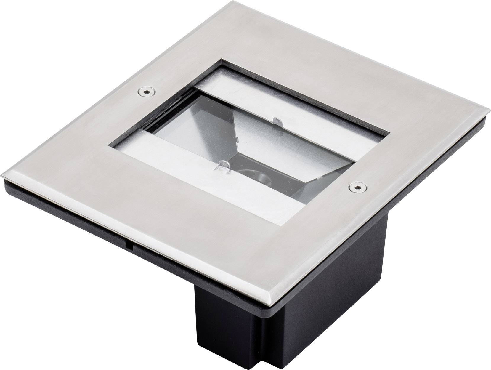 A square, silver-coloured recessed floor light with a glass cover. Suitable for outdoor lighting or walkways.