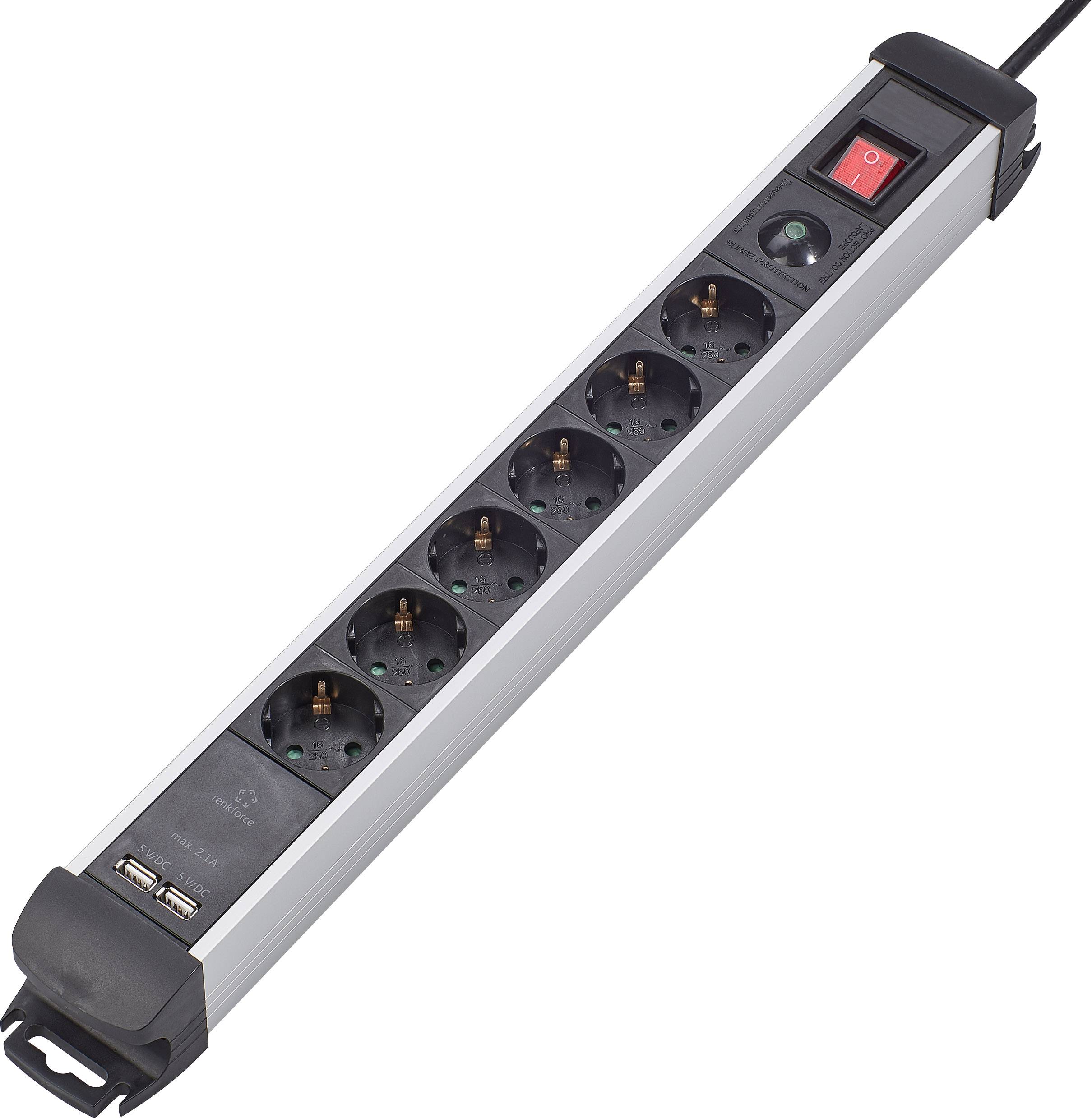 A six-socket extension lead with USB ports and a red power switch. Ideal for office applications.