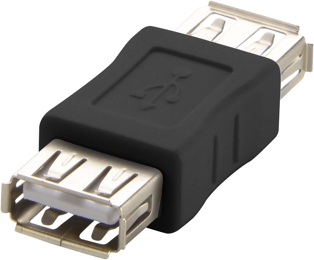 A black USB adapter with two female USB ports facing each other.