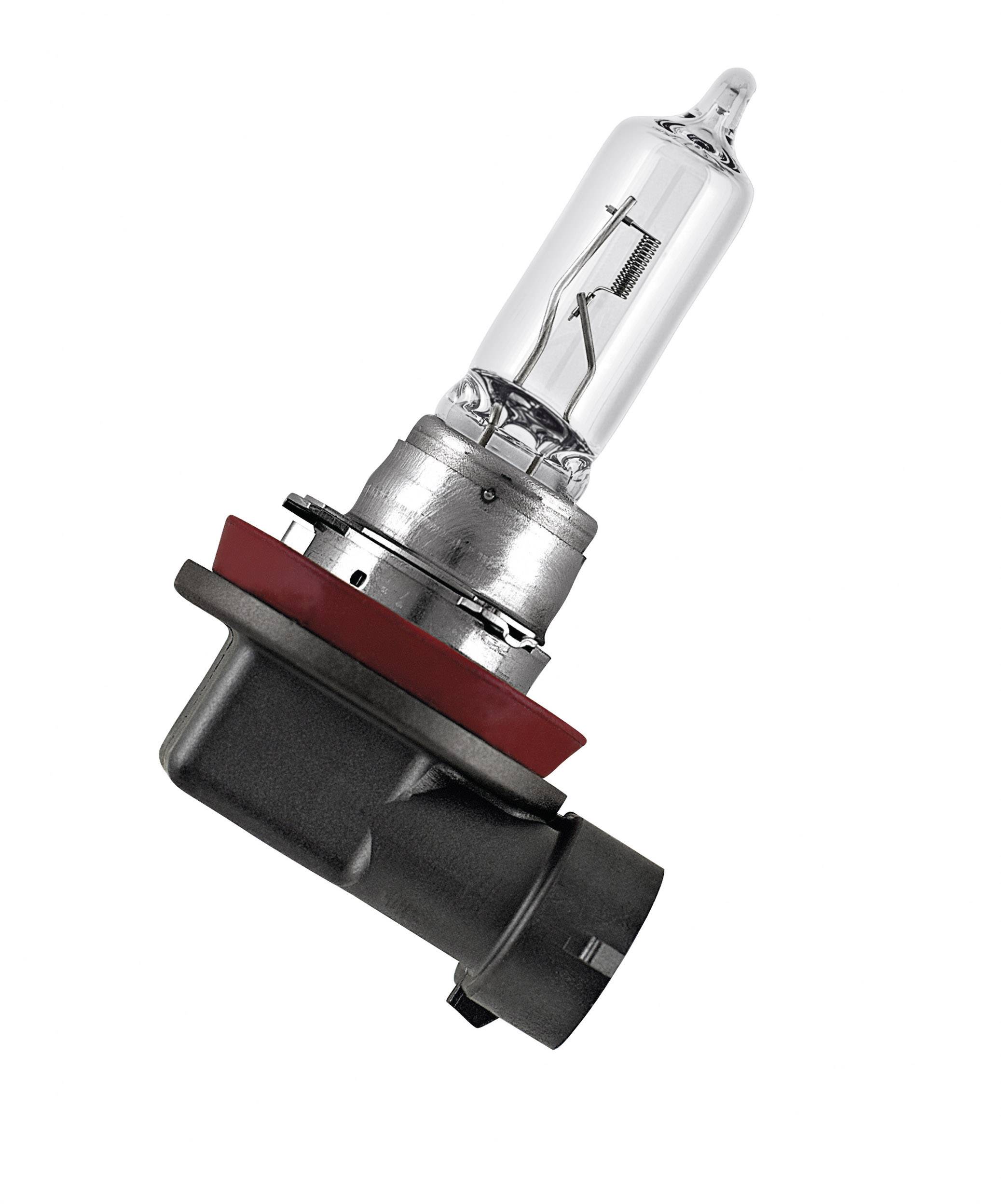 Close-up of a single halogen lamp, cylindrical in shape with a transparent housing and red sealing ring, against a white background.