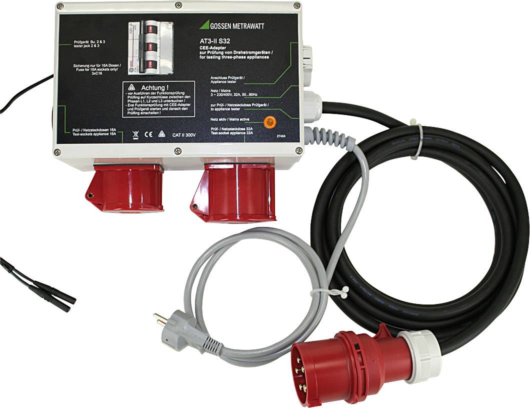An electrical testing device with star measurement connection, two red sockets and a long cable with a red plug, suitable for safety inspections.