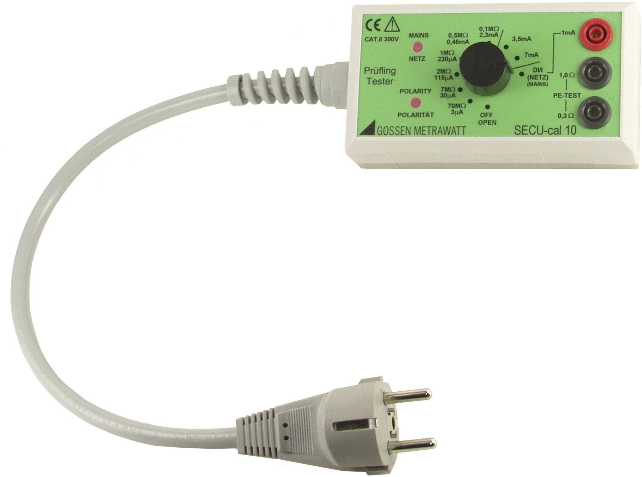 A testing device called 'SECU-cal 10' with indicator lights and buttons for checking electrical connections, connected to a power plug.