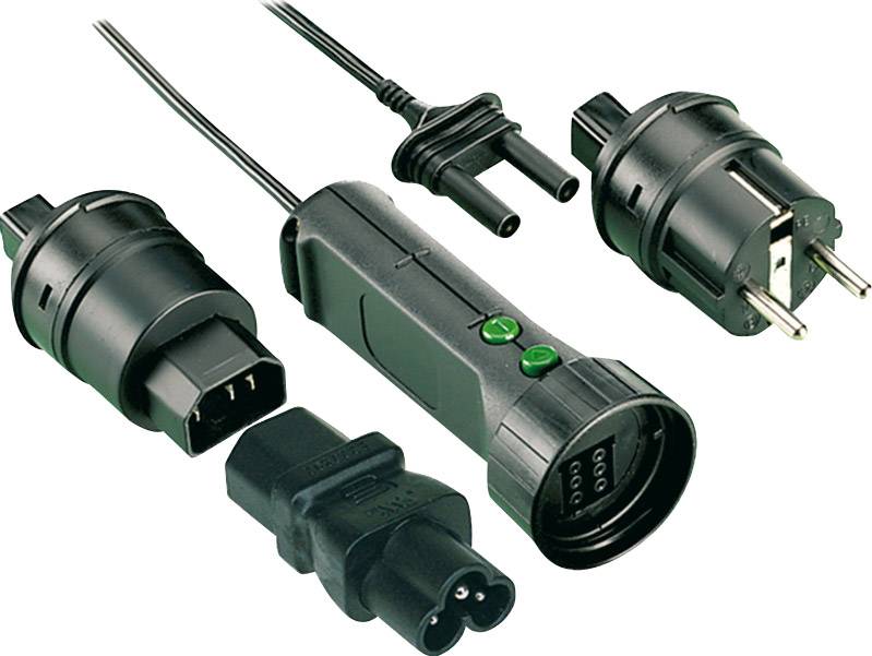 Various plug types connected to a central adapter: Schuko, Euro plug and an IEC connection. In the centre, a black housing with green indicator lights.
