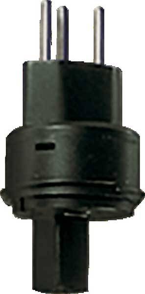 Black three-pole electronic connector with extended housing. Suitable for connection in electrical devices.