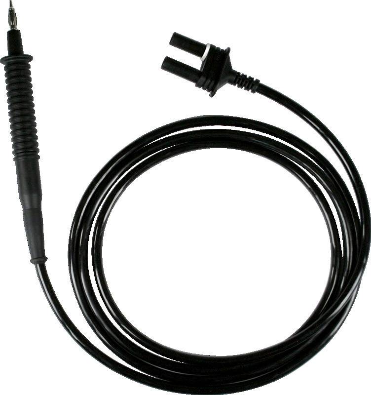 Black multimeter test lead with a probe tip and a crocodile clip. Suitable for electrical measurements.