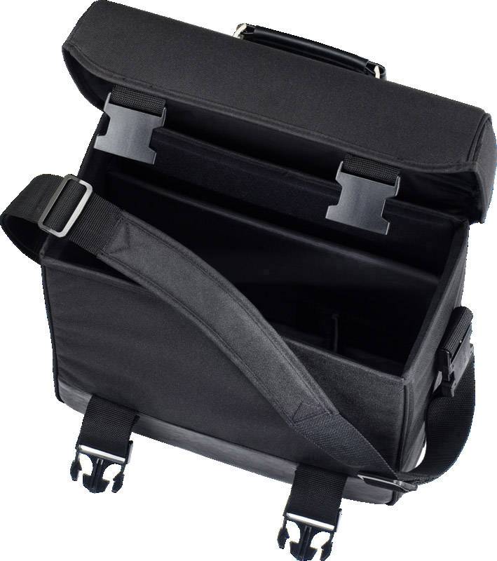 Black, open messenger bag with adjustable shoulder strap and two front fastenings. Ideal for laptops and documents.