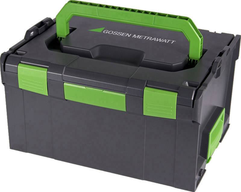 Black tool case with green handle and fastening, 'Gossen Metrawatt' inscription on the lid.