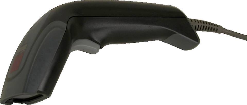A black handheld barcode scanner with cable, typically used for reading barcodes in retail shops or warehouses.