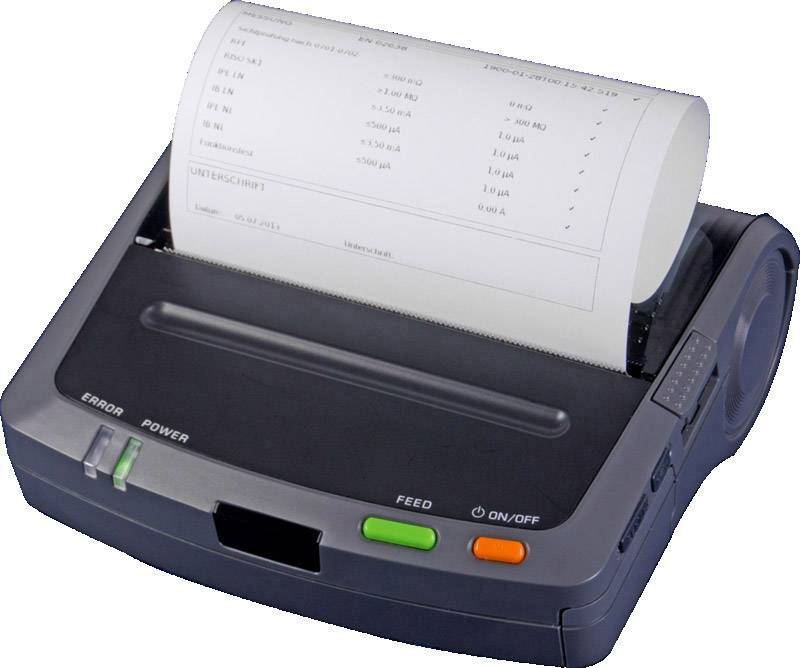 A medical thermal printer displays a printed sheet with laboratory results and analysis data.