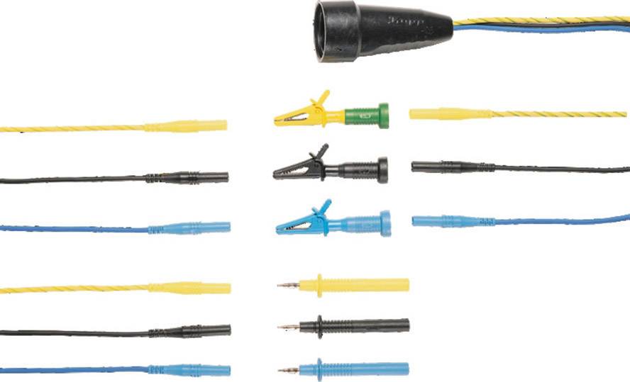 Several colourful electrical test leads with crocodile clips, plugs, and an insulated connector arranged in a row.