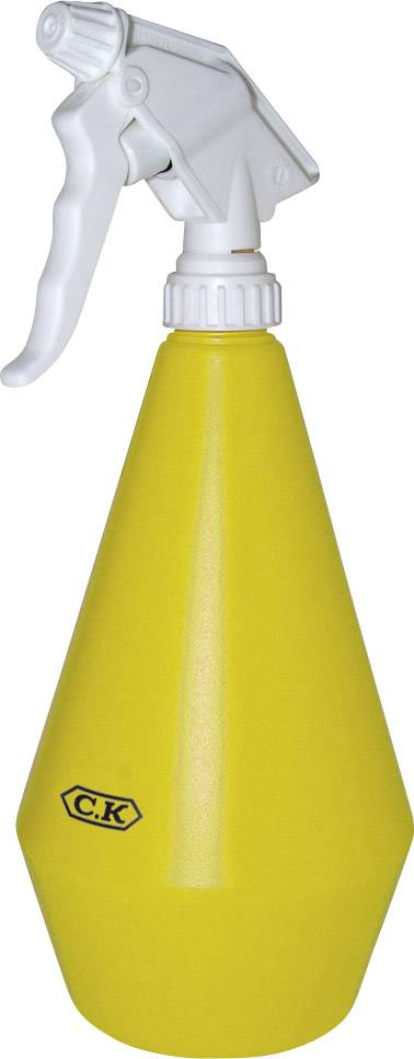 Yellow spray bottle with a white spray nozzle, marked with 'C.K', used for liquids such as water or cleaning solutions.