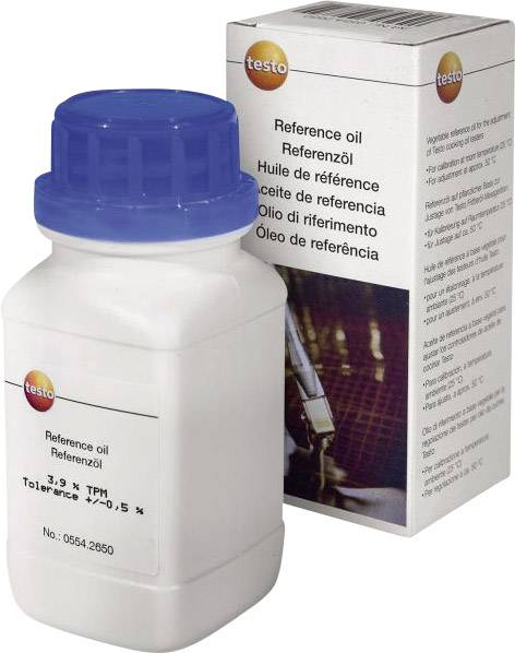 Bottle of reference oil 'Testo', with blue cap. Packaging shows an image of a measuring instrument. Text: 'Reference oil - Tolerance ±0.5%'.
