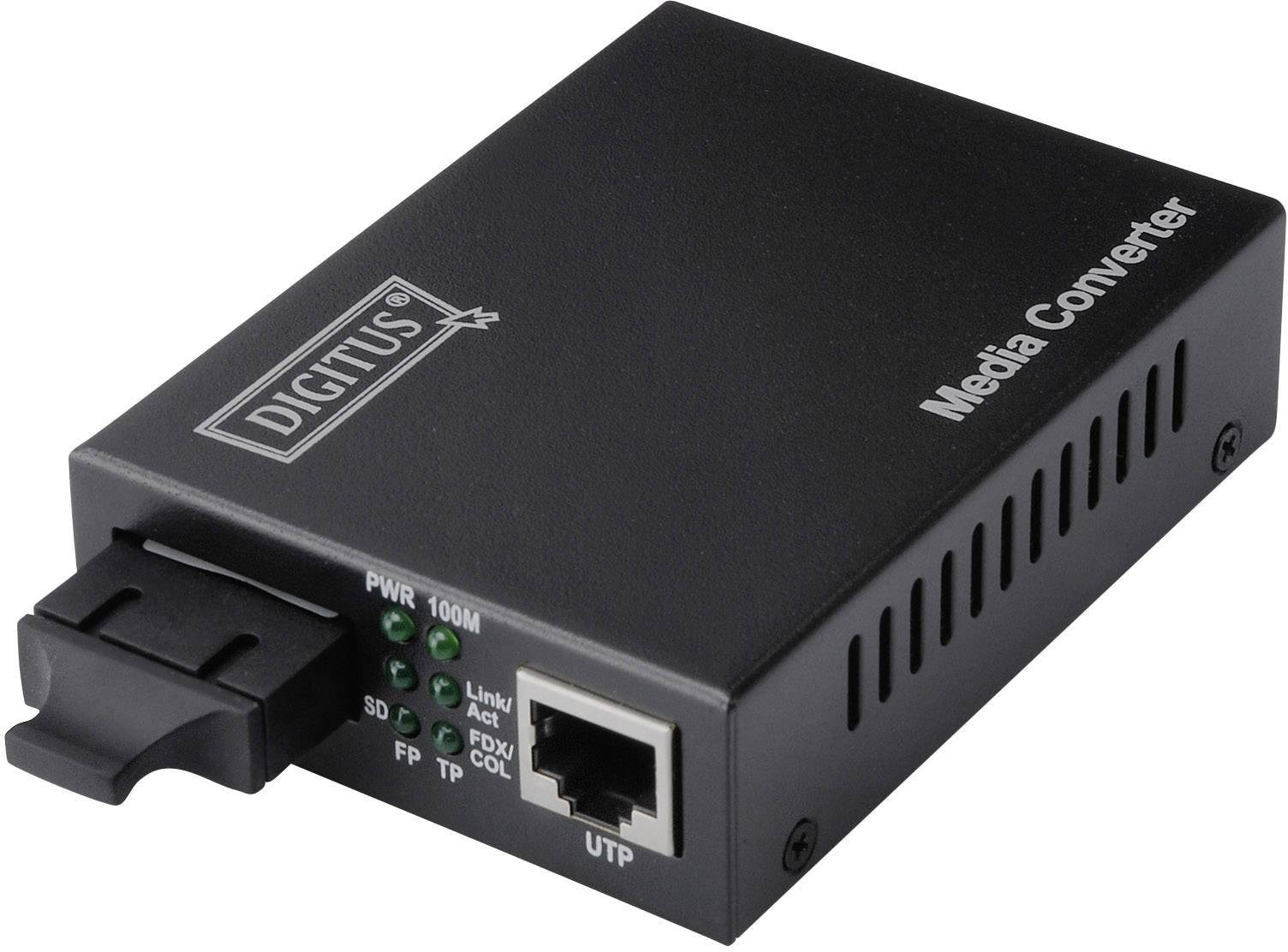 Black media converter by Digitus, model fibre optic to Ethernet with network connection, UTP port and status LEDs.