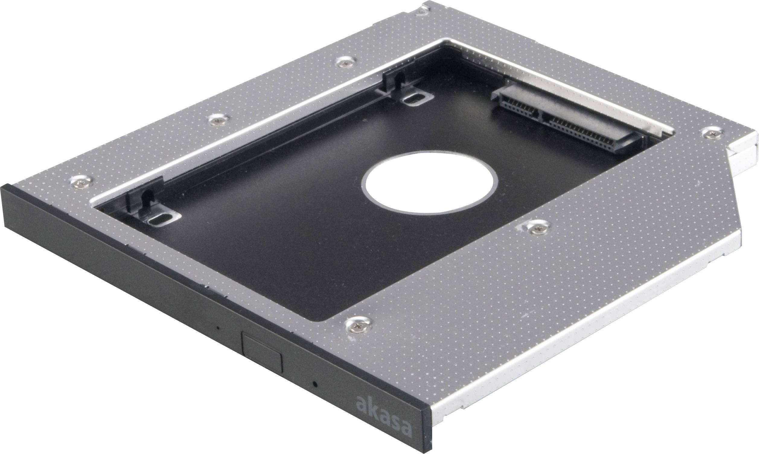 A hard drive caddy for laptop installation, black with screw holes at the corners, for placing a hard drive in an optical drive bay.