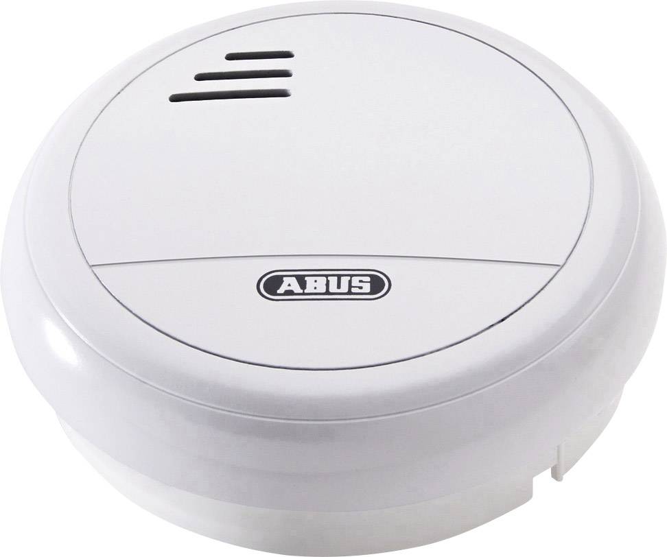 Smoke detector with a round, white casing and ventilation slots at the top; with an 'ABUS' logo in the centre.