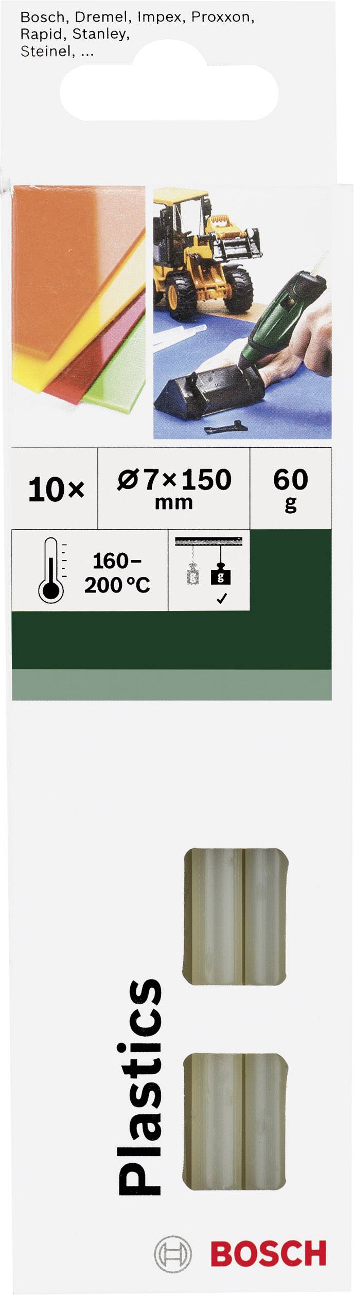 Packaging for Bosch Hot Glue Sticks. Shows images of applications, notes on size, weight, and temperature recommendations.