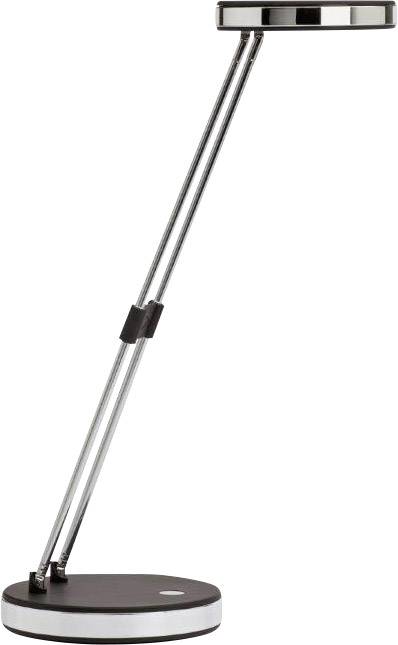 A modern, sleek desk lamp with an adjustable, metallic arm and round base, perfect for desk work.