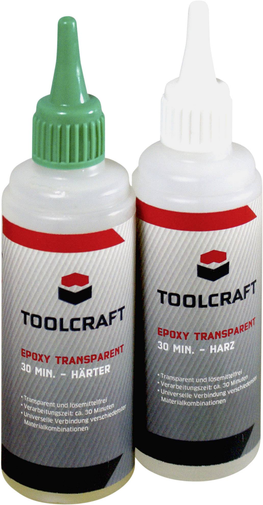 Two bottles with coloured caps, labelled 'Toolcraft Epoxy Transparent 30 Min. Hardener' and 'Resin', for epoxy-based adhesive work.