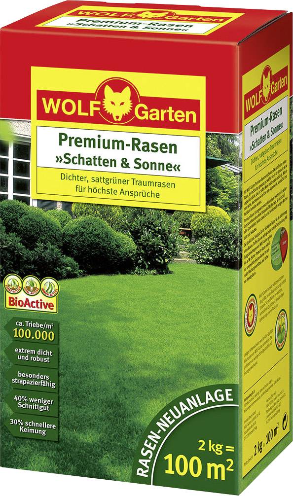 Wolf-Garten Grass Seed Packet 'Premium Lawn Shade & Sun', for dense, green lawn covering 100 m², BioActive Technology.