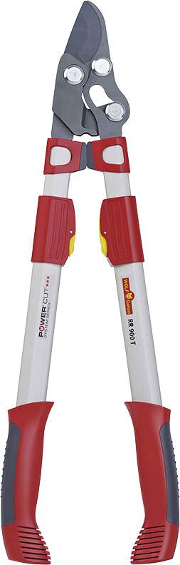 A red and silver pruning shears with ergonomic handles for cutting branches.