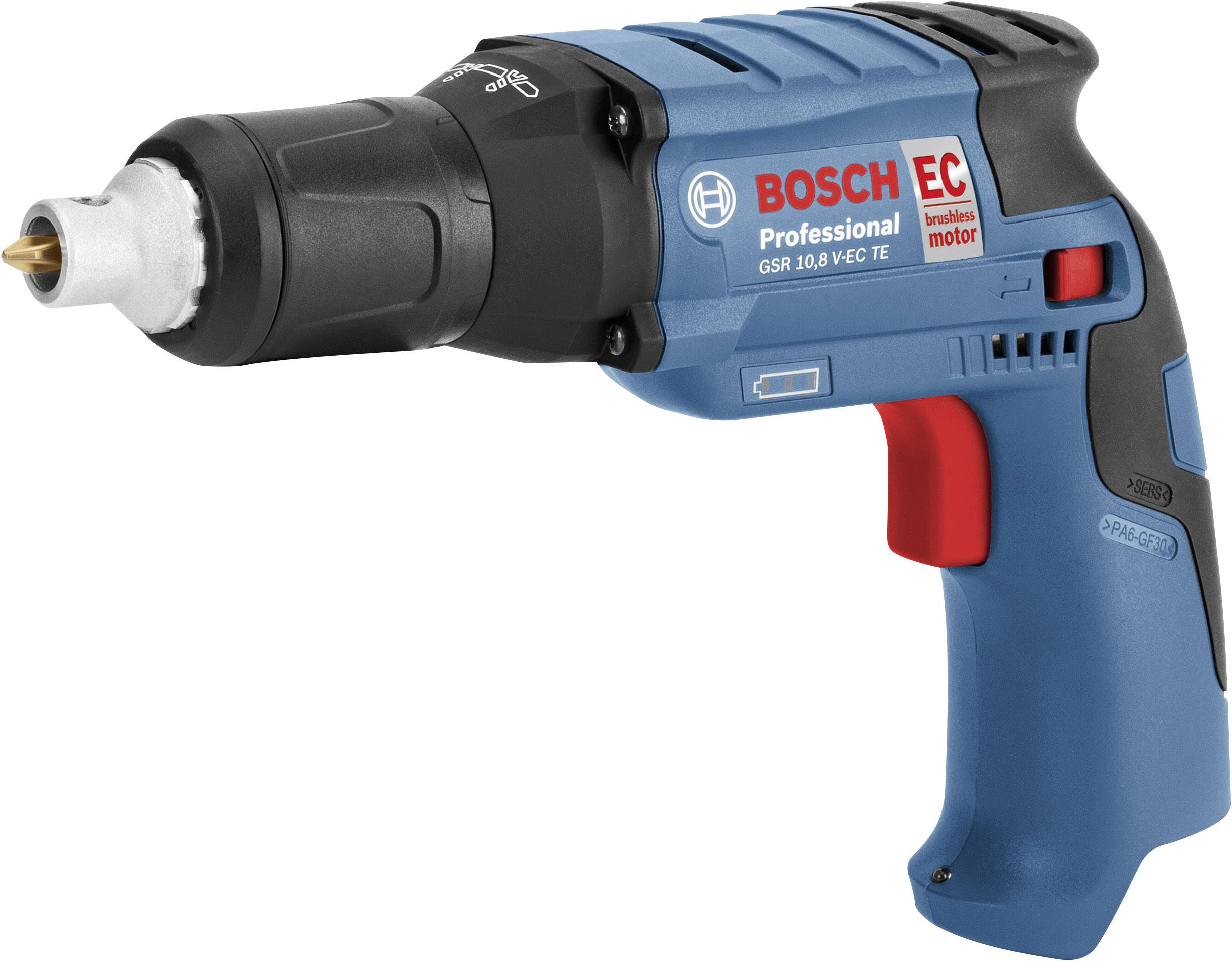 A blue Bosch Professional cordless screwdriver model GSR 10.8 V-EC with an ergonomic handle and EC motor, suitable for screw-driving tasks.