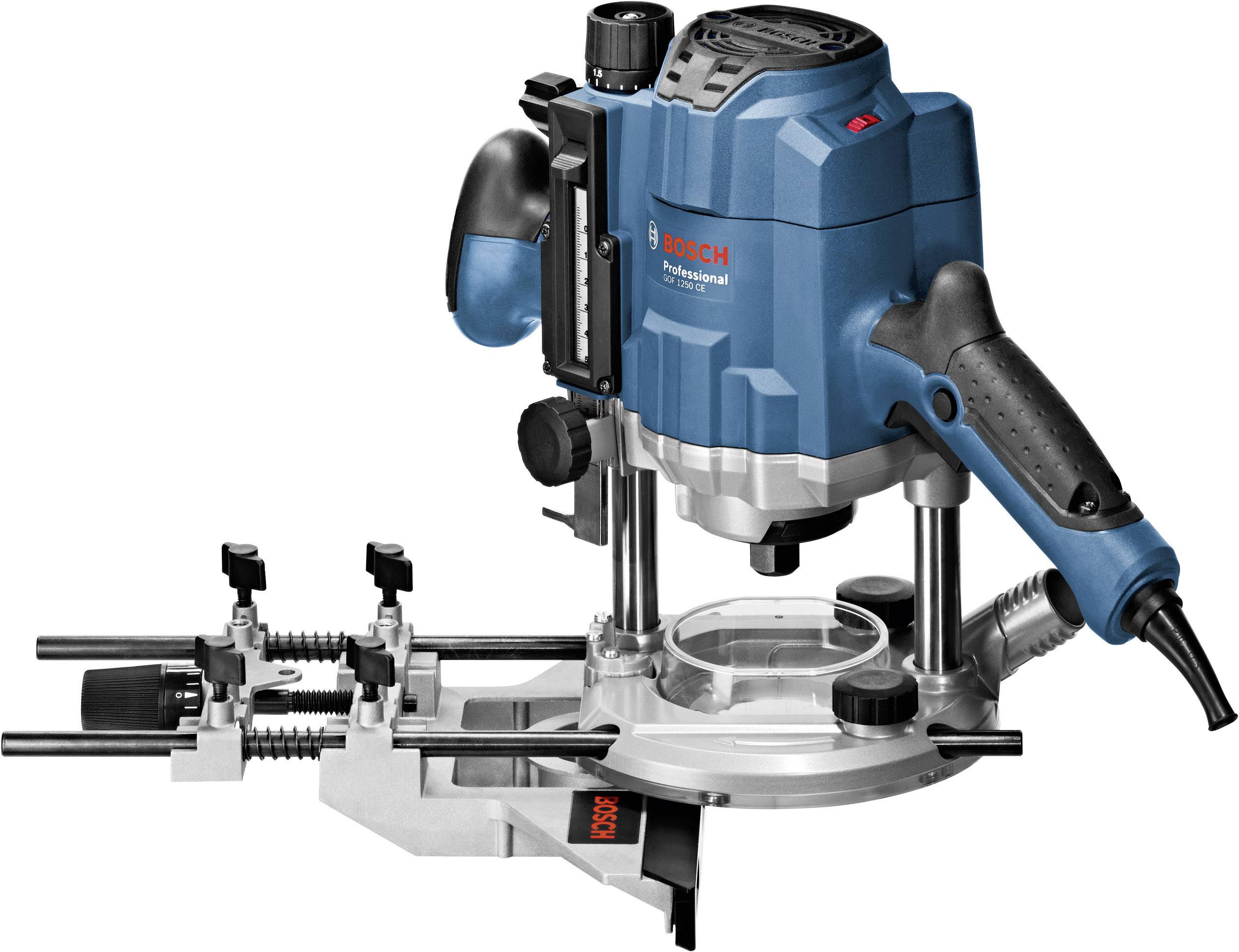 Electric router with blue plastic casing, two handles and scale, mounted on metal rail for precise routing.