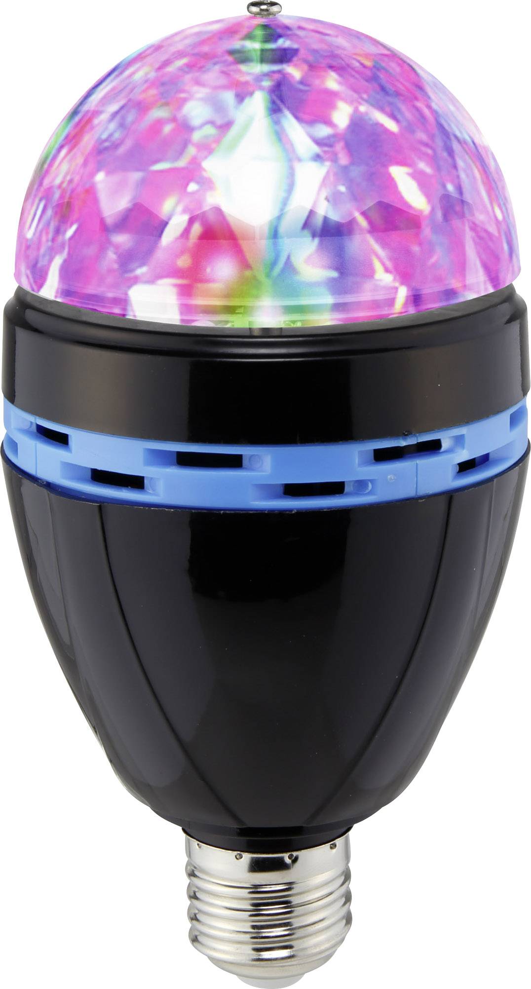 Black LED light bulb with a colourful, prismatic attachment for decorative lighting effects.