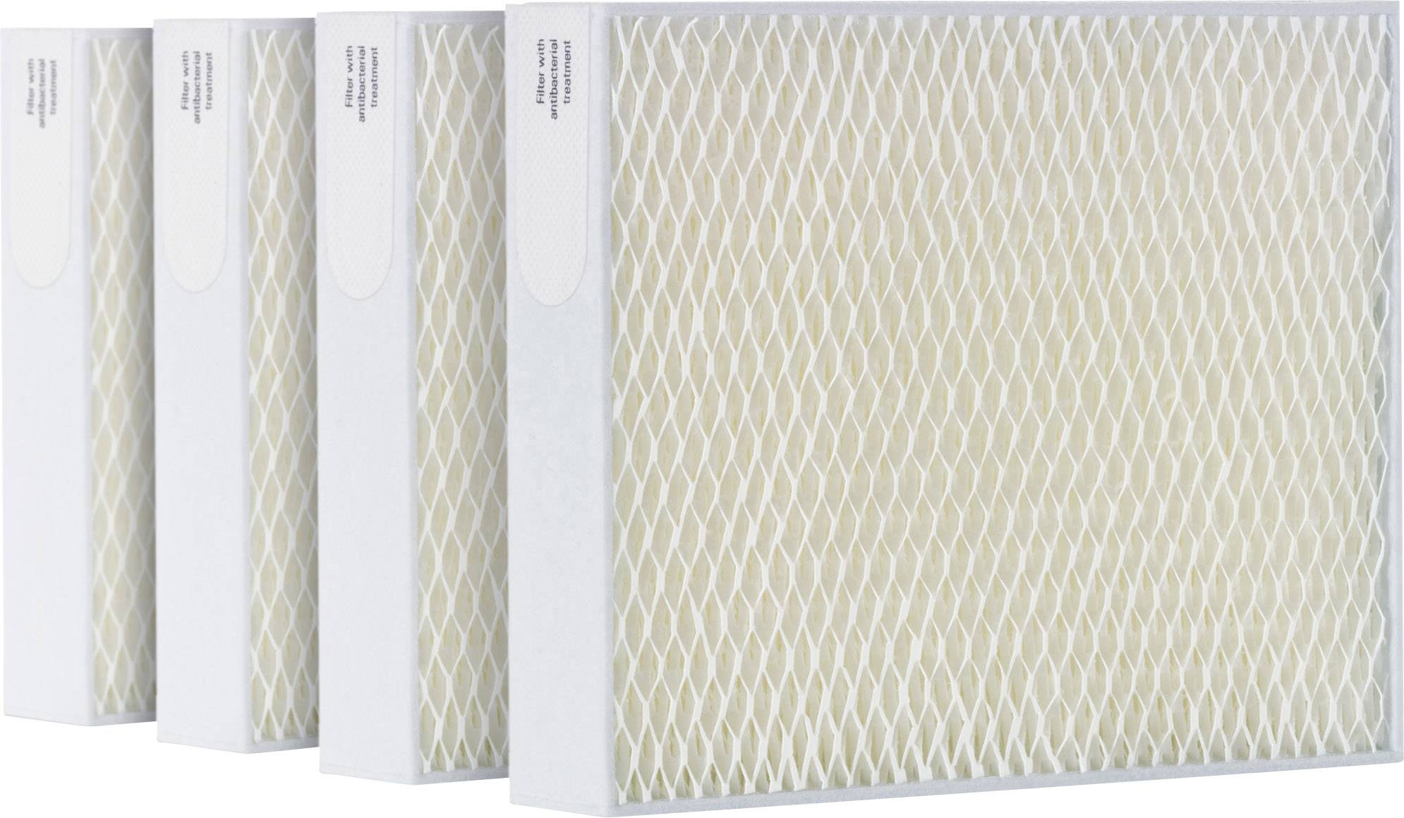 Four folded air filters in a white housing, positioned side by side. The filters have a honeycomb-like pattern.