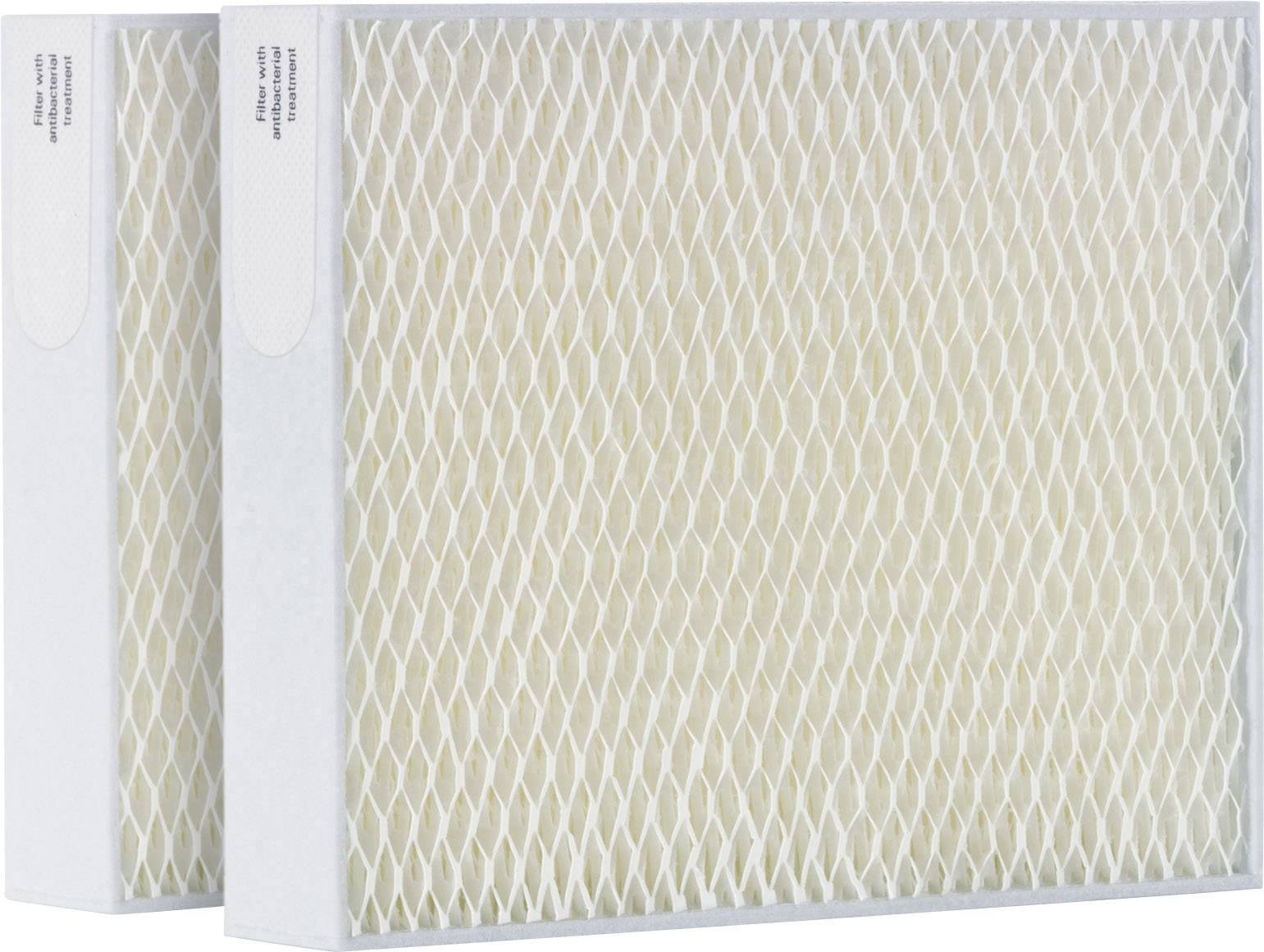 Two white air filters with a honeycomb-like structure are placed side by side. They are intended for air filtration in household appliances.