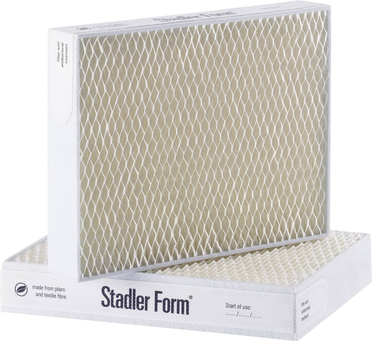 'Stadler Form' air filter made from plant and textile fibres, main view. Notes for first use bottom right.