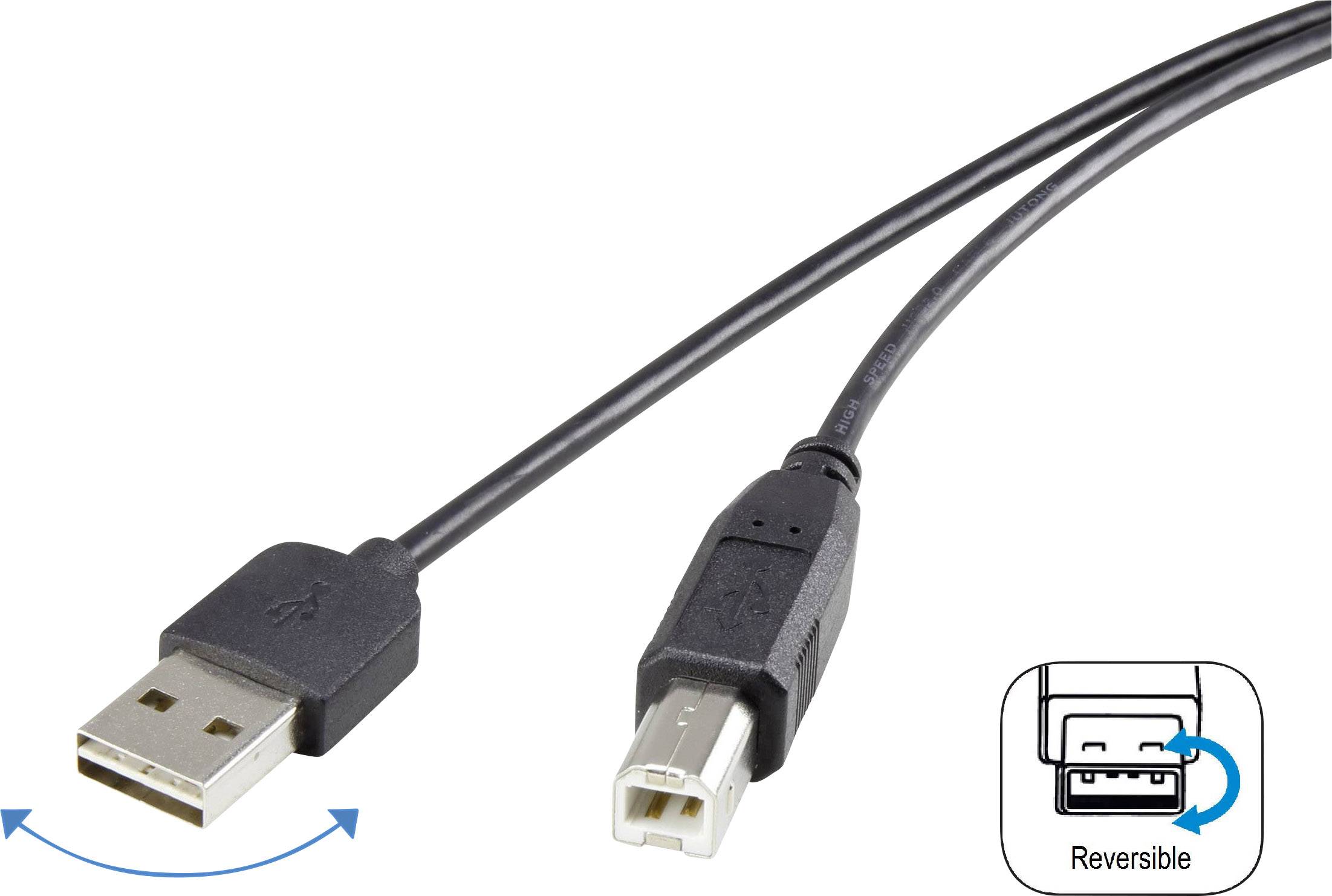 USB cable with two plug types: USB-A and USB-B. The cable is reversible, emphasised by a symbol with a double arrow.