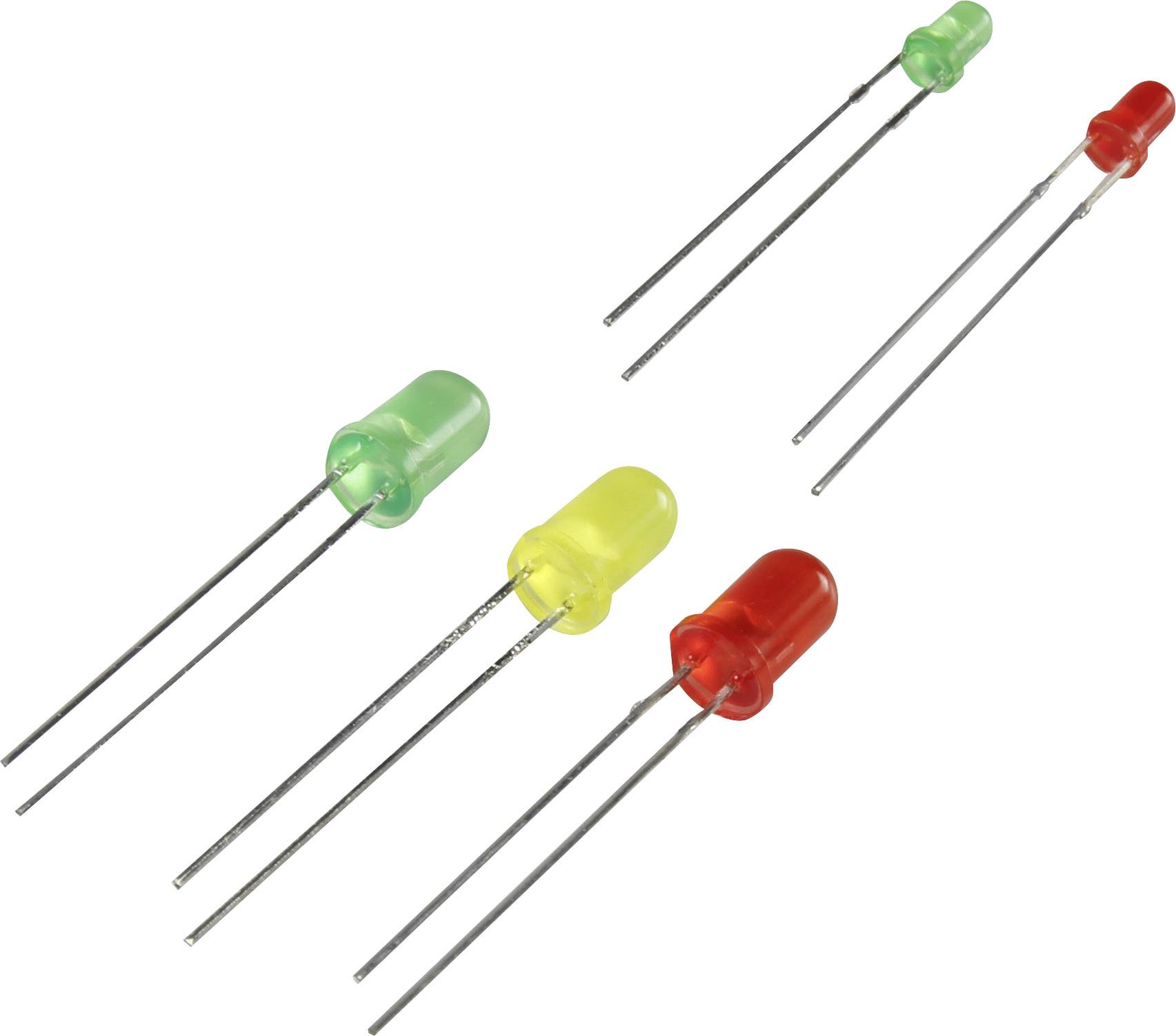 Five coloured LEDs in red, yellow and green, lying on a white background.