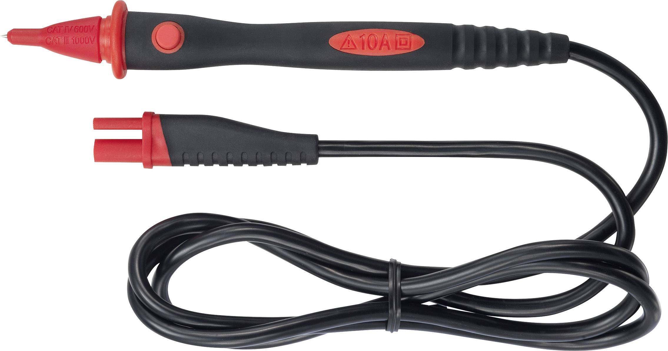 A black electric testing device with red tips and buttons, attached to a long cable, suitable for measurements up to 10A.