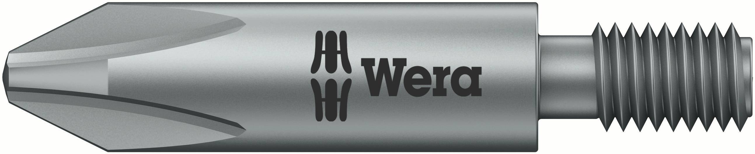 A metallic screwdriver head with the Wera logo, suitable for cross-head screws, shown in close-up.