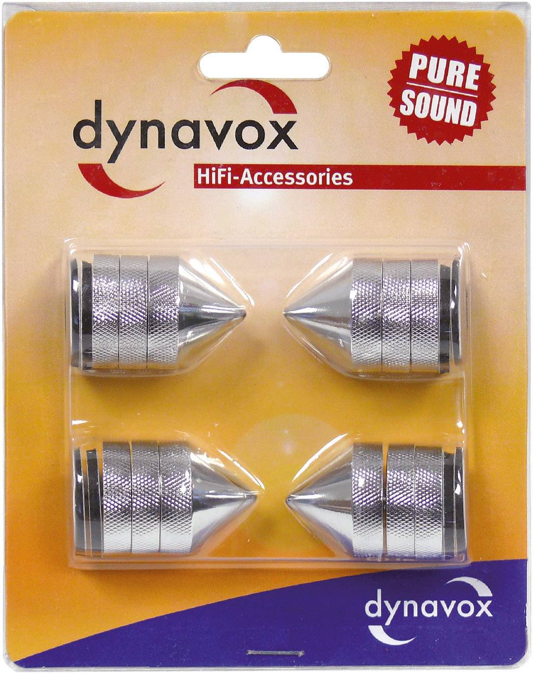 'Packaging containing four Dynavox HiFi accessory cones, metallic, in blister pack, with 