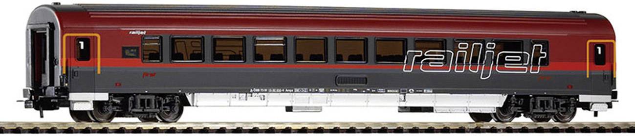 A red and grey train carriage with 'railjet' written on its side stands on a railway track.