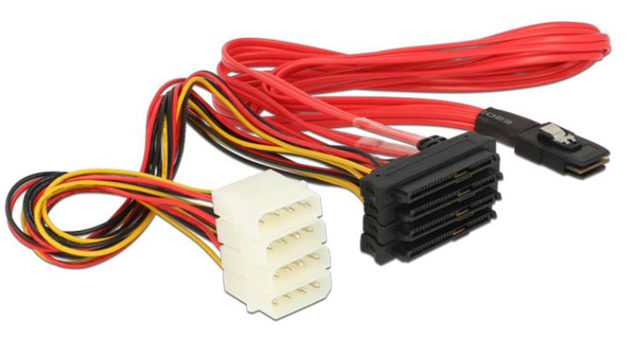 Delock Hard drives Cable [1x Mini SAS plug (SFF-8087) - 4x SATA plug 7+15-pin, IDE power plug 4-pin] 0.50 m Red, Yellow, Black