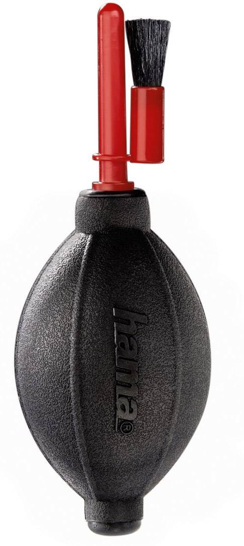A black bellows with an integrated red cleaning brush, used for cleaning camera lenses and delicate equipment.