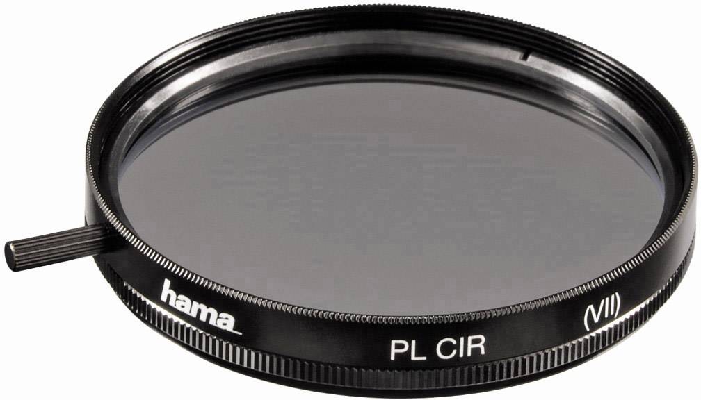 A round polarising filter by Hama, black with white lettering 'PL CIR'. Typically used for cameras.
