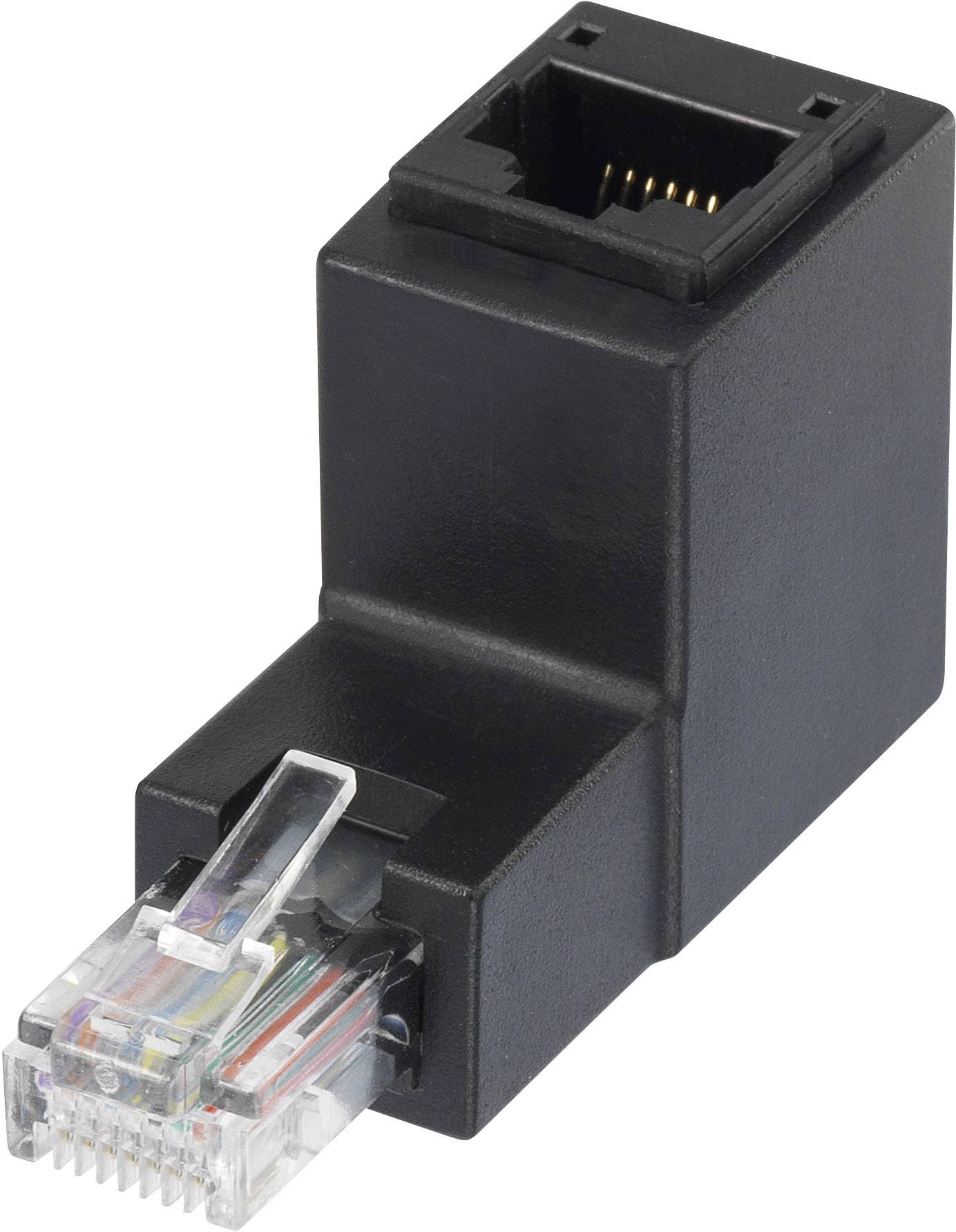 A black Ethernet coupling adapter with two RJ45 ports for connecting network cables.