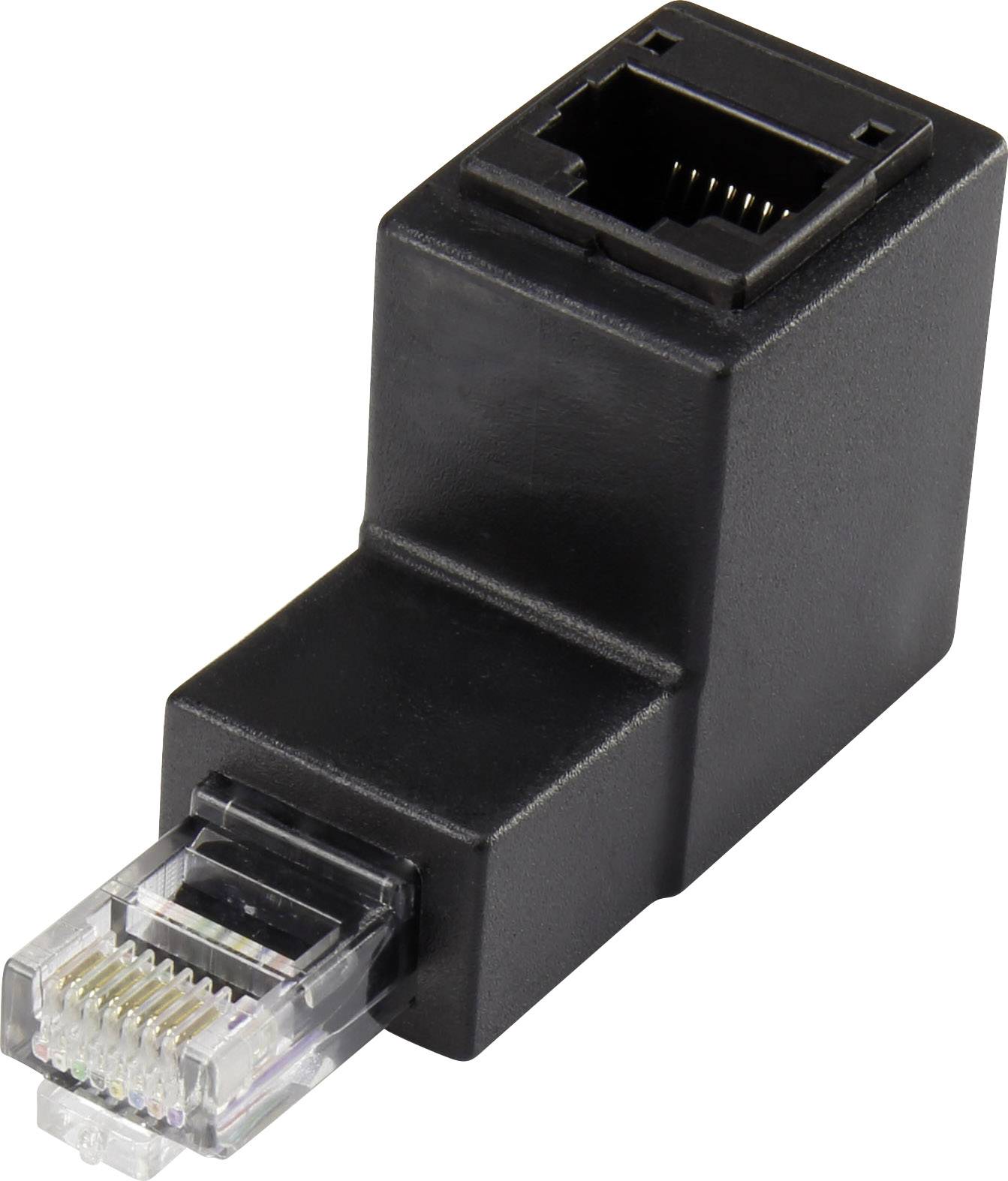 Black Ethernet plug adapter with RJ45 socket connections, used for connecting network cables.