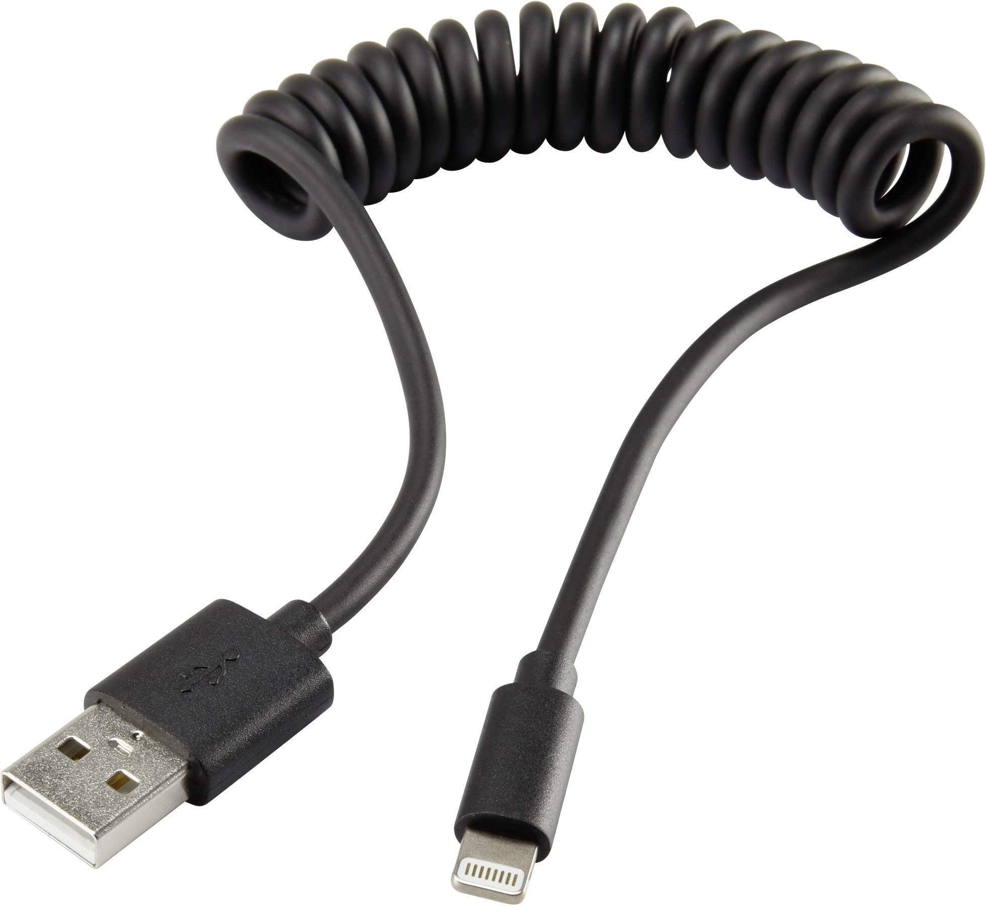Renkforce USB cable USB 2.0 USB-A plug, Apple Lightning plug 0.95 m Black Spiral cable RF-4087422