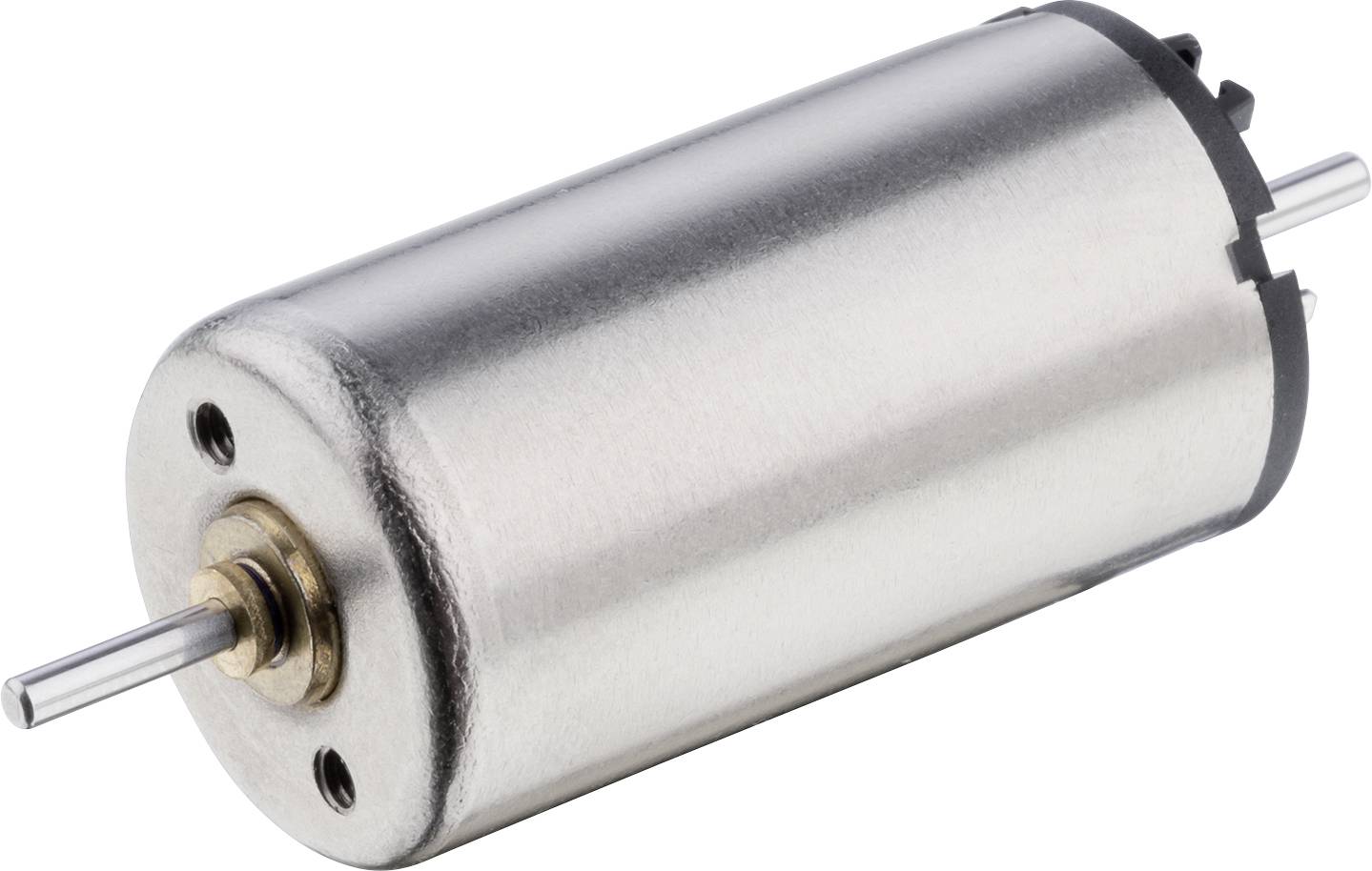 A cylindrical electric motor with a silver housing and two protruding shafts at its ends.