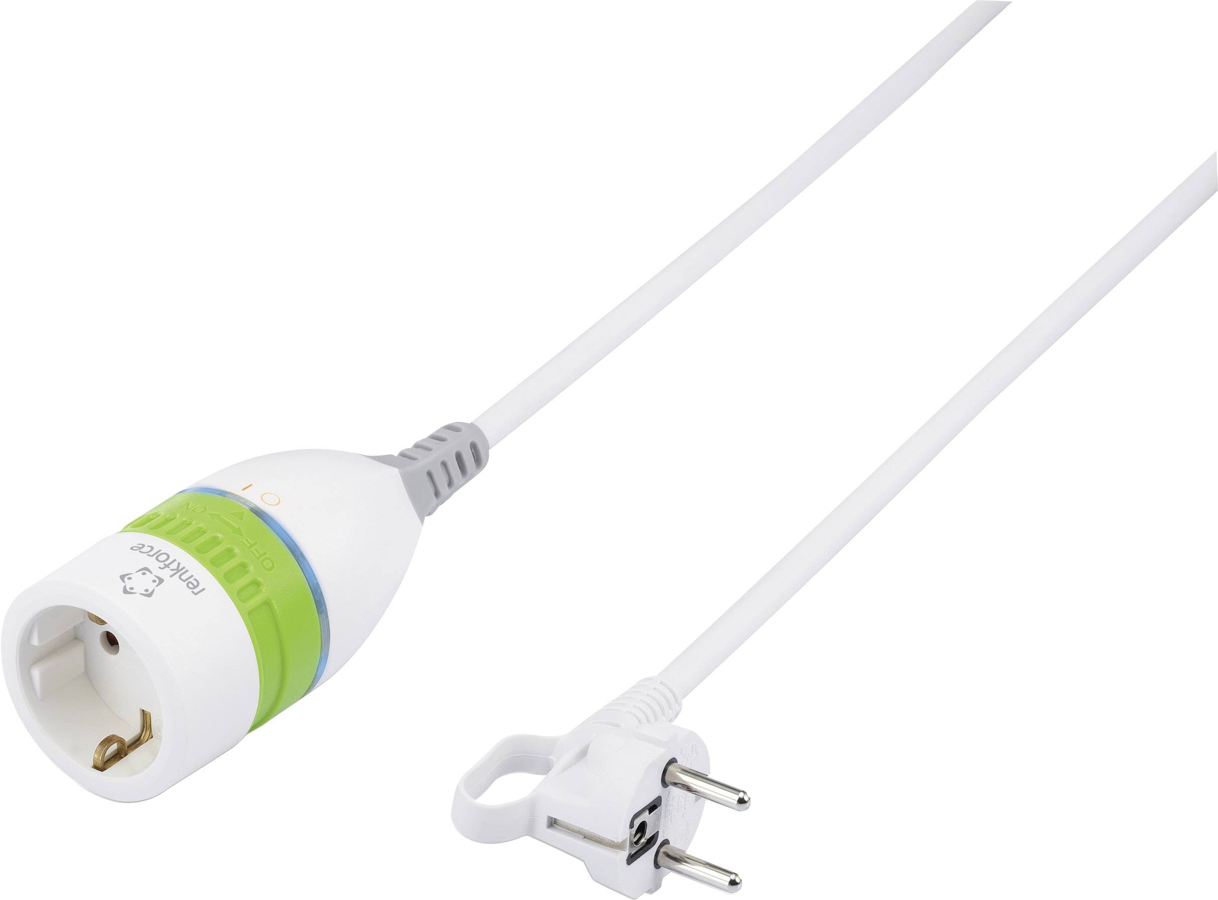 A white extension lead with a green ring and plug adapter. Suitable for various socket types.