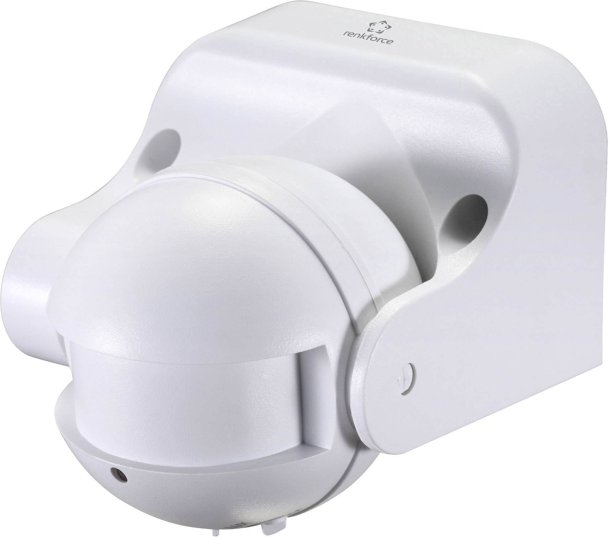 White motion sensor with a rounded shape mounted on a wall bracket, suitable for security or lighting applications.